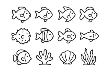 Simple outline icons of various marine animals and underwater elements in a minimalist style