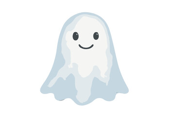 Cute friendly white ghost character smiling with rosy cheeks on white background