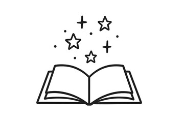 Open book with magical stars and sparkles rising from the pages representing fantasy and knowledge