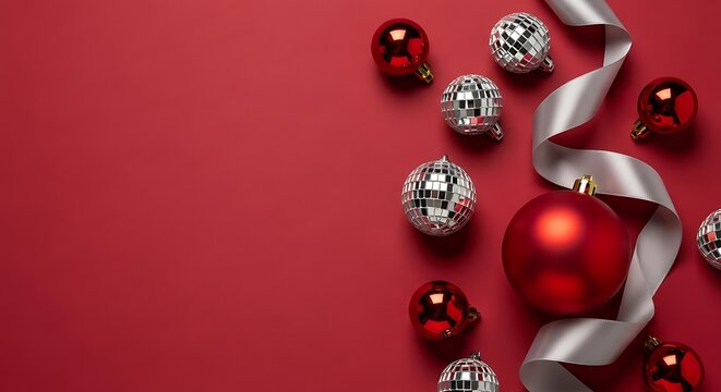 Festive red christmas ornaments and silver ribbon on red background