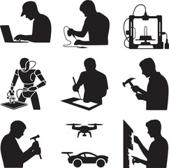 Silhouettes of people with technical occupation activity related icons vector