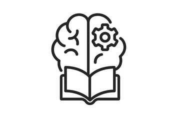 Brain resting on an open book with a gear symbolizing knowledge and cognitive development