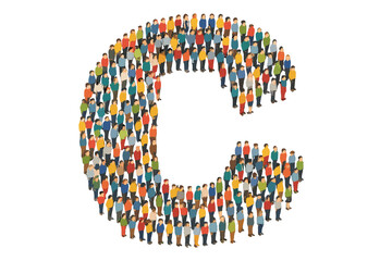 Large diverse group of people standing together forming the shape of the capital letter C