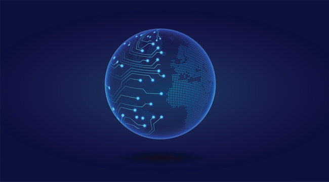 Global technology innovation represented through futuristic glowing cyber chip sphere illustration