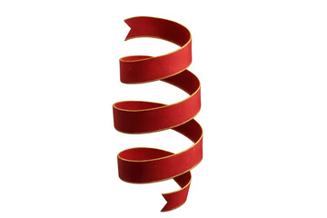 A single red textured ribbon with a gold edge curls into an elegant vertical spiral, creating a festive design element for holiday gift wrapping or celebration decor
