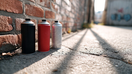 Spray paint cans in an alley with brick wall backdrop.