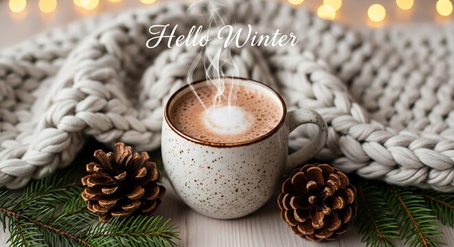 Cozy hello winter scene with hot chocolate and pinecones