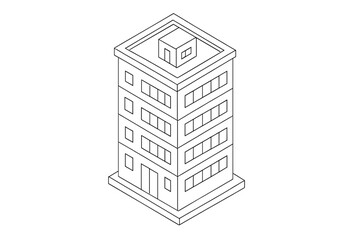 Simple black outline of a generic modern high-rise building in isometric view