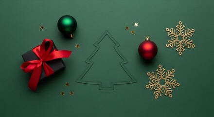 Festive christmas flat lay with gift ornaments and snowflakes on green background
