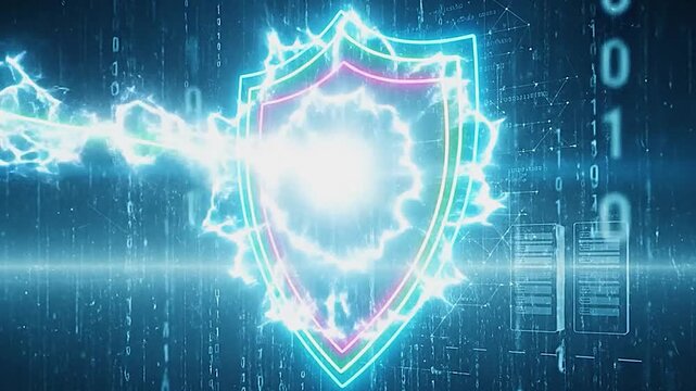 A powerful glowing digital shield icon actively defends against a cyber attack amidst a background of flowing binary code.