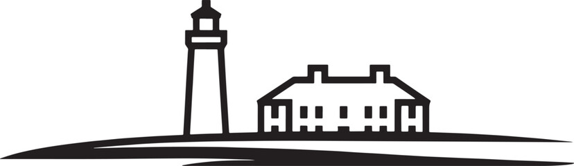 Stylized vector line art of lighthouse with building on island silhouette icon