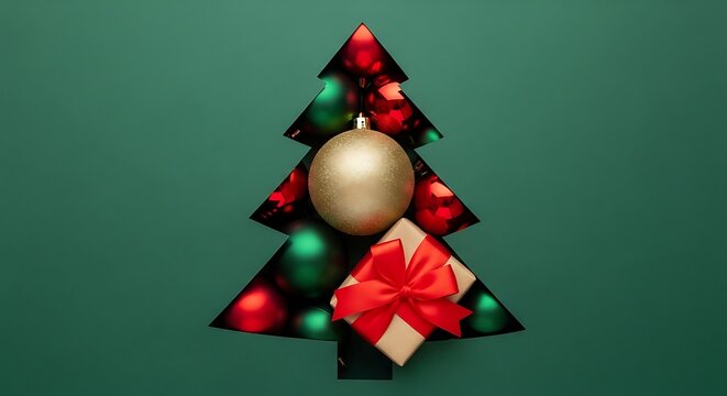 Festive christmas tree silhouette with ornaments and gift box - Powered by Adobe