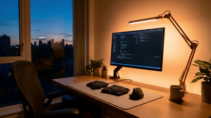 Programmer’s Desk with Code on Display | Developer Desk with Code and Work Tools | Nighttime Programming Setup with Code on Screen