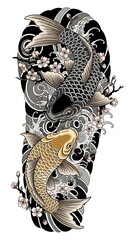 "Traditional Japanese Koi Fish Tattoo Design with Black and Gold Koi, Sakura Flowers, Dynamic Waves, and Elegant Irezumi Style Illustration for Art Prints and Tattoo Inspiration"