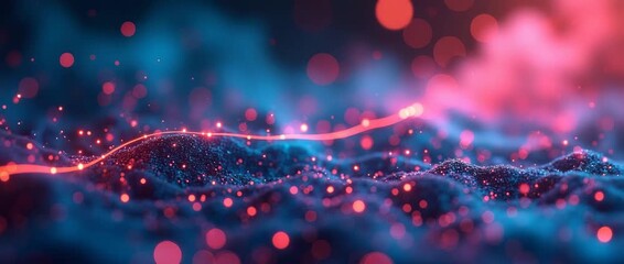 Dynamic particles dance in a digital landscape as the camera gently pans, with ambient lights flickering in a vibrant, cinematic style perfect for technology and innovation themes. - Powered by Adobe