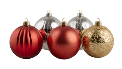 Assortment of festive christmas ornaments in red, silver, and gold for holiday decor