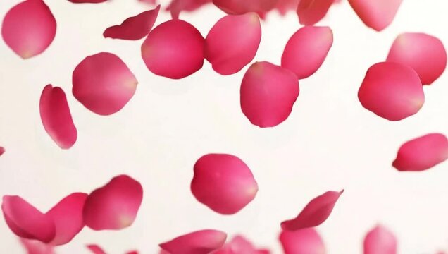 Falling pink rose petals on a light background.
