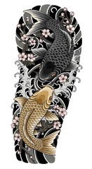 "Traditional Japanese Koi Fish Tattoo Design with Black and Gold Koi, Sakura Flowers, Dynamic Waves, and Elegant Irezumi Style Illustration for Art Prints and Tattoo Inspiration"
