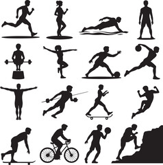 Various sports people silhouettes running, swimming, playing soccer, skateboarding, etc