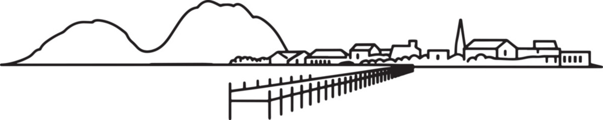 Vector Outline Panorama of Coastal Town with Pier and Mountains in Background