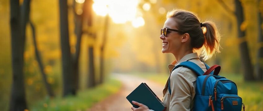 A young woman with a backpack walks joyfully through a sunlit autumn forest, camera panning smoothly, while leaves sway gently in the cinematic golden light.