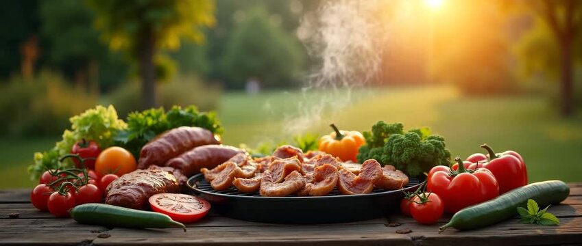 Sizzling grilled meats and vibrant vegetables steam gently on a rustic picnic table, with a slow cinematic pan capturing the warm sunlight and serene garden backdrop, perfect for culinary storytelling
