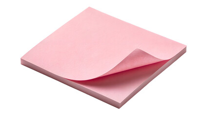Pink sticky note with curled corner isolated on white background — blank memo paper, pastel note sheet, mockup design element