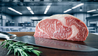 Raw Wagyu Beef Cut with Chef Knife