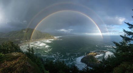 Double rainbow arches over the rugged coastline with crashing waves under a cloudy sky