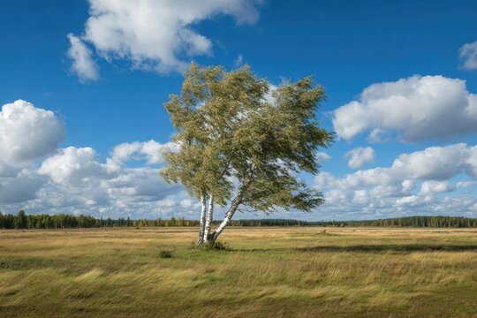 Lone birch stands in open grassland under a bright blue sky with fluffy clouds - Powered by Adobe