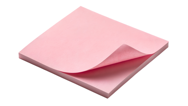 Pink sticky note with curled corner isolated on white background — blank memo paper, pastel note sheet, mockup design element