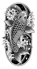 Japanese Koi Fish Tattoo with Waves and Cherry Blossoms &ndash; Bold Blackwork Design