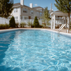 A serene backyard swimming pool surrounded by houses on a sunny day.