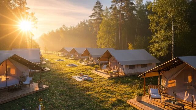 Golden hour illuminates a row of luxury glamping tents nestled by a peaceful forest