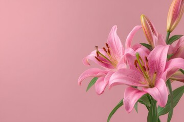 Pink lilies bloom on a soft pink background, bright petals and fresh green leaves