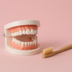 Dental education scene with realistic teeth model and bamboo toothbrush on pastel pink background oral hygiene concept promoting eco friendly dental care