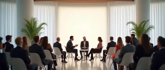 Business meeting in a modern conference room, participants engage in lively discussion, camera gently pans across attentive audience, sunlight filters through curtains, cinematic focus on collaboratio