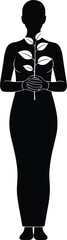 Woman Silhouette Vector Holding a Growing Branch with Leaves, Symbolizing Ecology, Nature Conservation, Spirituality, Healing, Growth, and Environmental Concepts