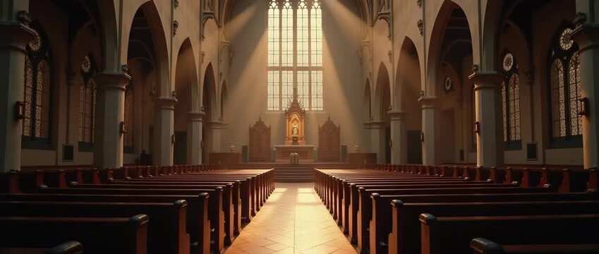 Sunlight beams gently illuminate the serene interior of a grand cathedral as the camera slowly pans, capturing the tranquil ambiance, with dust motes softly dancing in the cinematic light.