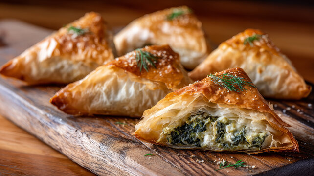Spanakopita pastries on a wooden board garnished with herbs.