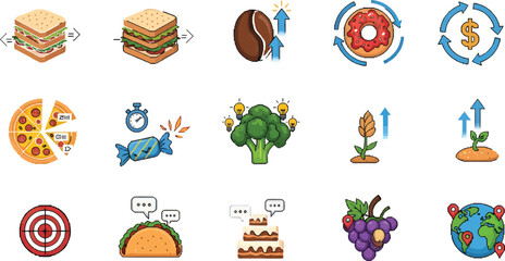 10-pixel-art business icon set using food metaphors in 2D flat vector creative design