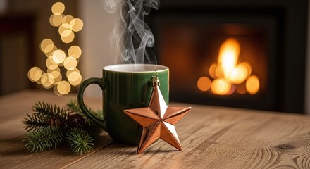 Cozy winter holiday scene with a steaming green mug, copper star, and pine branch on a wooden table, with a warm fireplace and blurred christmas lights