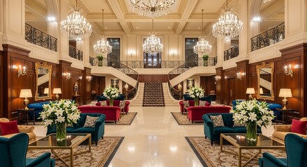 Grand luxury hotel lobby interior with crystal chandeliers and a majestic staircase.