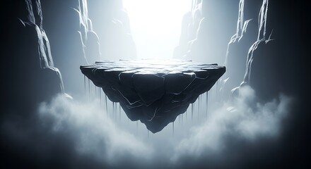Enigmatic dark floating island platform in a foggy, illuminated cave, creating a mystical and dramatic scene