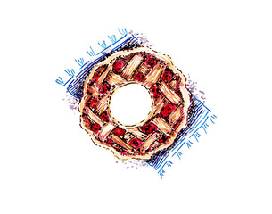 Illustration of a pie. Top view. Inside the pie is white circle, copy space. Berry pie with red filling, in a mesh. Lies on napkin. Stylized illustration. Lines, dots, color fill. White background.
