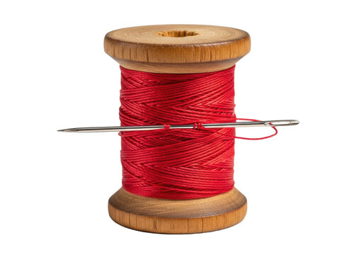 Vintage polished oak wooden spool with vibrant red thread, a silver needle piercing it, on a transparent studio background with creamy bokeh. Timeless craftsmanship concept