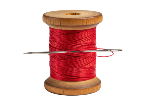 Vintage polished oak wooden spool with vibrant red thread, a silver needle piercing it, on a transparent studio background with creamy bokeh. Timeless craftsmanship concept
