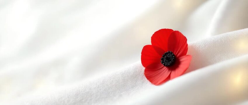A close-up of a remembrance poppy pinned to a simple white fabric, with soft lighting emphasizing the texture, leaving space for textual content and branding.