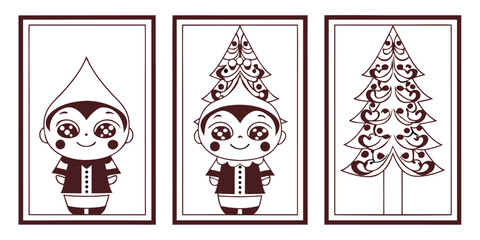 Naklejka premium Three framed illustrations depict a cartoon elf character progressing into a decorated Christmas tree.