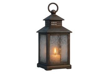 Fototapeta premium A vintage dark metal candle lantern with frosted glass panes holds a single lit candle, casting a warm and cozy atmospheric glow from its flickering flame